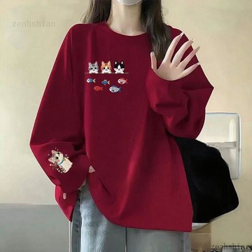 【台灣现貨】秋冬上衣 大尺碼上衣 純棉上衣 長袖上衣女 女生上衣 長袖t恤女 印花t恤 寬鬆顯瘦 長袖女 運動上衣 女裝