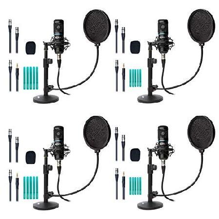 Movo 4-Pack Universal XLR Podcast Microphone Bundle- Includes Cardioid Condenser Mics, Desktop Mic Stands, Pop Filters, Shock Mounts, and Ca並行輸入