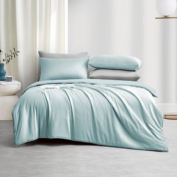 j-bedtime 床寢時光 素色石墨烯 天絲涼被床包枕套組  1組  湖水藍 + 灰色  床包枕套組  天絲涼被  雙人