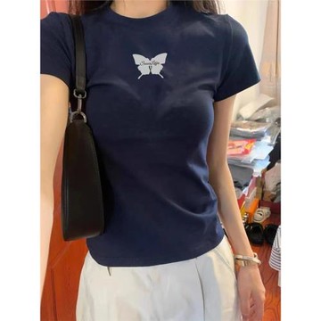 不漏腰正肩女T恤夏天美式復古藏青色辣妹風緊身顯瘦短袖純棉上衣