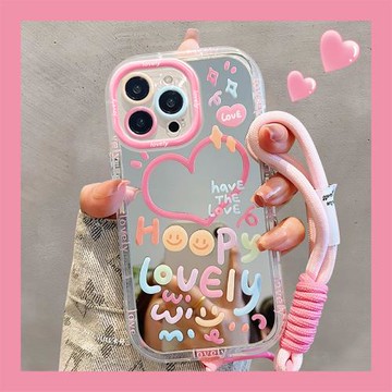 涂鴉愛心掛繩適用蘋果17手機殼iPhone16promax/iphone13鏡面奶油12女14高級XS/15全包XR硅膠8plus防摔新款套