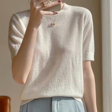 精紡100純羊毛針織短袖T恤女夏季薄款寬松顯瘦簡約韓版百搭打底衫