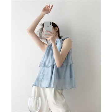 (免運)掛脖吊帶小背心女外穿無袖蝴蝶結綁帶削肩蓬蓬裙小眾法式上衣打底