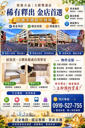 收租吉品|大路雙透店座擁榮總鼎中商圈｜高雄市三民區鼎中路