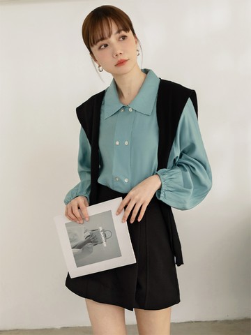 翻領質感雙排釦澎袖上衣