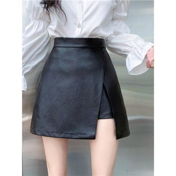 設計感大碼PU皮裙半身裙女裙褲高腰不規則開叉春秋a字裙胖mm顯瘦