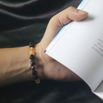黑曜石手鍊-黃水晶-鈦晶-紅膠花-招財-防小人