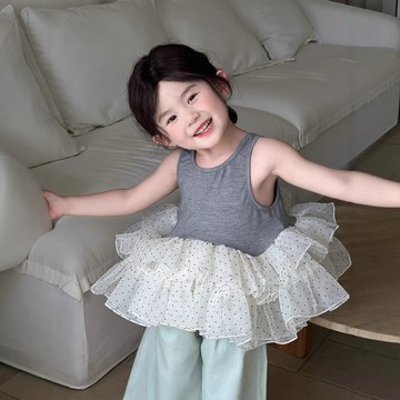 夏季新品上新   女童  夏季新款赫本風波點網紗背心裙兒童洋氣時髦無袖背心上衣
