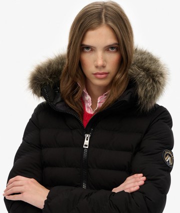 Superdry Women's Fuji Faux Fur Hood Padded Jacket Black Size: 12