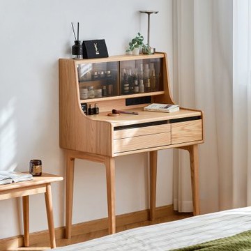 小半家具浮光橡木實木原木色化妝桌(不帶鏡)台規電壓插座-(H014412772)