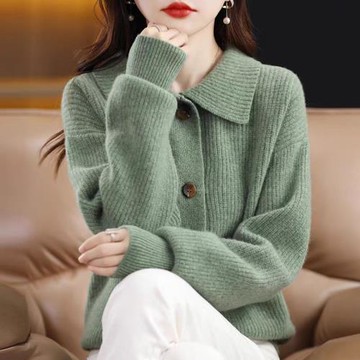 2024春秋新款純色羊毛開衫女秋冬娃娃領寬松慵懶軟糯針織加厚外套