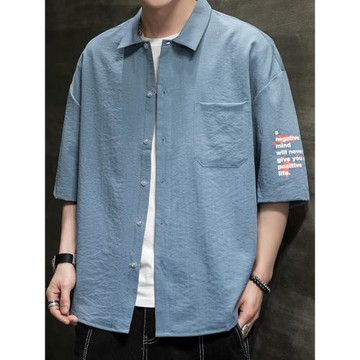 短袖襯衫男港風日系潮流冰絲夏季寬松休閑上衣百搭潮牌五分袖襯衣