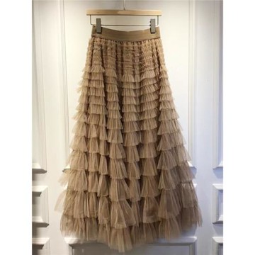 秋冬新款純色氣質高腰網紗荷葉邊通勤半身裙名媛長裙顯瘦蛋糕裙女