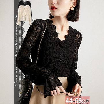 大V蕾絲緹花刺繡鏤空喇叭袖襯衫(2色) M-2XL【934892X】【現+預】☆流行前線☆
