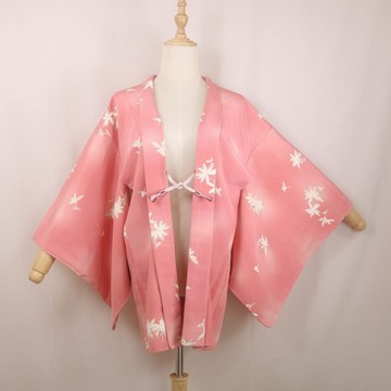 日本 vintage 羽織 | 粉色×白色楓葉・草花圖案 | 和服外套
