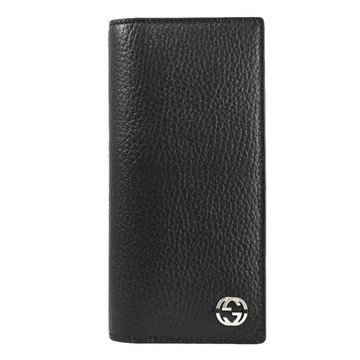 GUCCI 610467 簡約金屬G LOGO荔枝紋對開多卡零錢長夾.黑