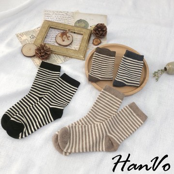 【HanVo】復古撞色條紋堆堆中筒襪 韓國潮流時尚休閒襪 中筒襪 女襪 襪子 女生配件 A12-6070