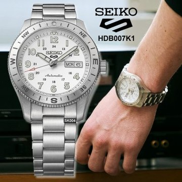 SEIKO精工 最新5 SPORTS軍裝風格機械錶 鋼帶白面41㎜ SK004(HDB007K1/4R36-18V0S)
