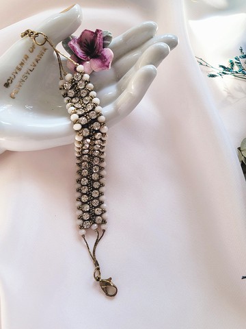 美國西洋古董飾品 / 人造白水晶雙排水鑽手鍊 / 復古珠寶首飾