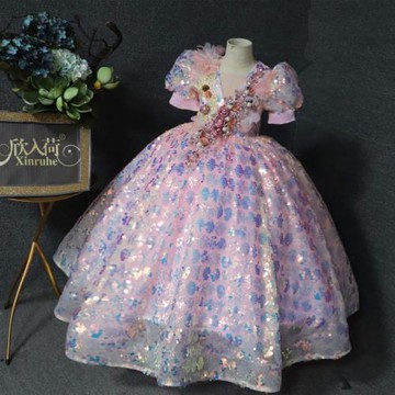 兒童禮服粉紅色亮片公主裙女童新年閃亮主持走秀演出服