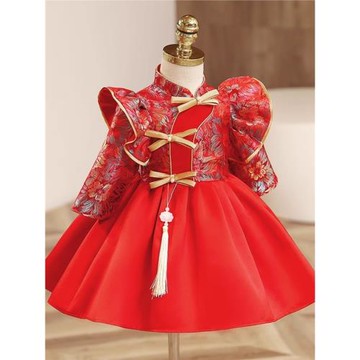 女寶抓周禮服女寶寶周歲宴旗袍中式唐裝紅色中國風拜年服長袖秋款