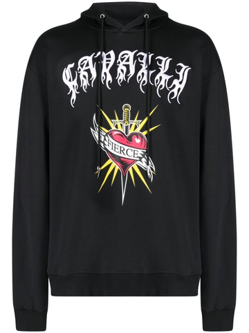 Roberto Cavalli - graphic-print long-sleeve cotton hoodie - men - Cotton - XXL - Black