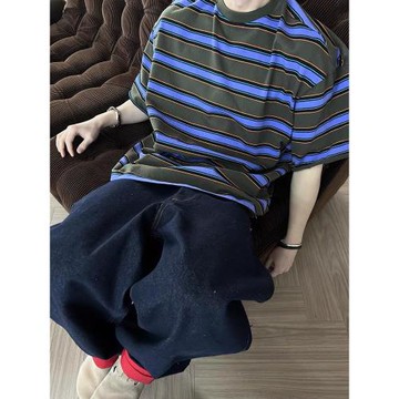 美式慵懶軍綠紫色拼接條紋短袖男夏季百搭休閑松弛感半袖t恤潮牌