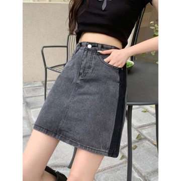 復古牛仔半身裙設計感小眾顯瘦胖mm拼接撞色不規則大碼高腰a字裙