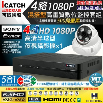 【CHICHIAU】H.265 4路5MP台製iCATCH數位高清遠端監控錄影主機(含SONY 200萬半球型攝影機×1)