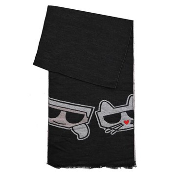 KARL LAGERFELD 卡爾 老佛爺貓咪大圖樣保暖長圍巾.黑