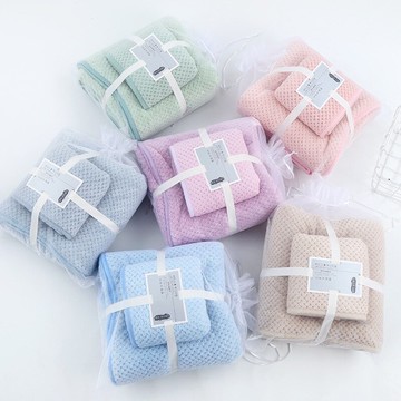 居家日用吸水毛巾浴巾兩件套裝訂制禮品珊瑚絨菠蘿格毛巾浴巾