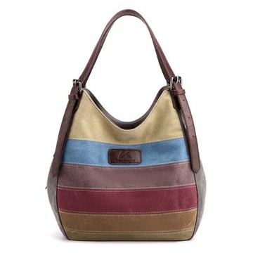 日韓水漾 拼色條紋帆布包百搭多隔層手提單肩包上班包