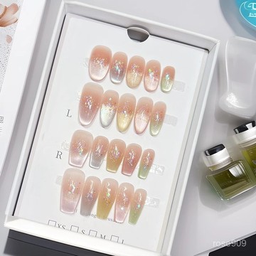 ✨Hannah✨彩虹貓眼多巴胺小清新款色彩貓眼純手工穿戴甲法式裸色腮紅美甲片純手工穿戴甲 WEYO