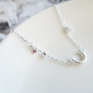 925純銀 玫瑰石榴石 月亮 星星 小鑽 客製化刻字 手鍊 免費包裝