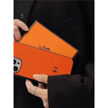 歐美高級感iPhone16手機殼H潮牌15插卡包14promax皮質奢華蘋果13情侶11小香風12男女款適用XR經典橙色78plus