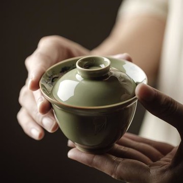 束刻新品復古越窯青瓷手繪松針蓋碗手工薄胎不燙手泡茶碗功夫茶具