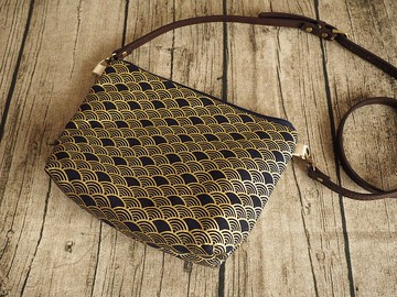 手工縫製托特側肩包帆布手袋 深藍金線和風波浪圖案