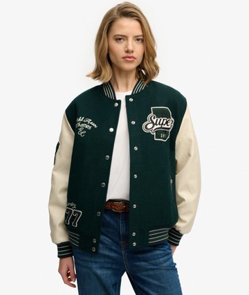Superdry Women's Patched Varsity Bomber Jacket Green Size: 10