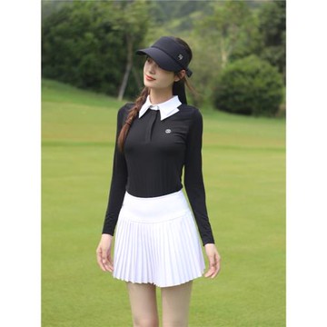 高爾夫女裝夏季翻領冰絲長袖網紅韓版修身顯瘦高彈球服短裙套裝女