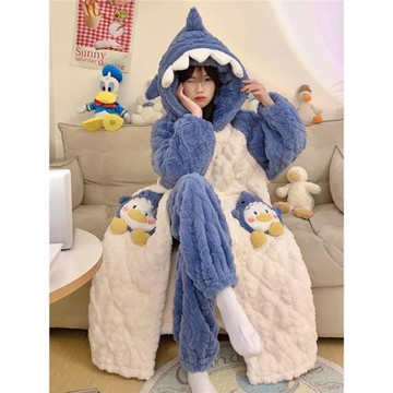 加厚加絨睡袍冬季天保暖三層夾棉襖睡衣女款珊瑚絨可愛家居服套裝