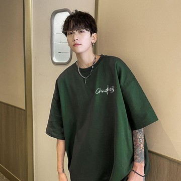 純棉重磅vibe港風夏季圓領印花半袖上衣服潮大碼2-300斤短袖男t恤 五分袖 休閒T恤 男生衣服 寬鬆加大尺碼