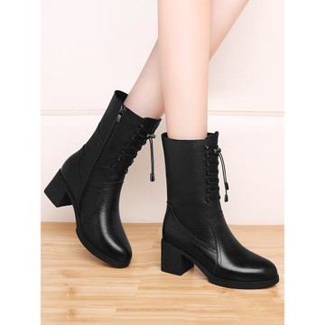 冬天軟底中跟加絨真皮女靴媽媽鞋