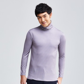 MIT 細條紋溫灸刷毛高領發熱衣(灰紫色 男M-XXL)