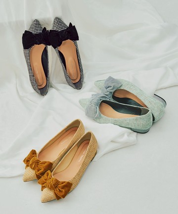 絨面蝴蝶結毛呢低跟鞋 (51302)