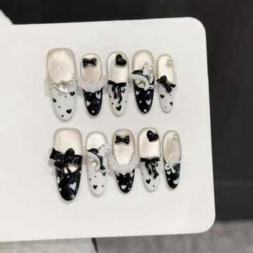 <台灣>甜酷風黑白芭蕾穿戴甲  可愛卡通立體貓咪蝴蝶結  黑白奶牛紋貓眼愛心美甲貼片  甲片可拆卸