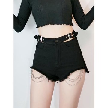 春夏季新款鏤空高腰鏈條牛仔短褲女街頭設計感毛須邊闊腿褲超短褲