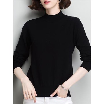100%純羊毛秋冬半高領針織衫女寬松大碼套頭純色打底毛衣長袖春裝
