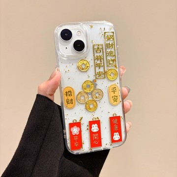 招財進寶適用蘋果17promax手機殼滴膠金箔iPhone15plus金幣14復古風13大孔12防摔11保護殼