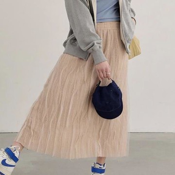 韓國modestmood長裙半身裙女夏季2024新款高腰蕾絲褶皺a字紗裙女