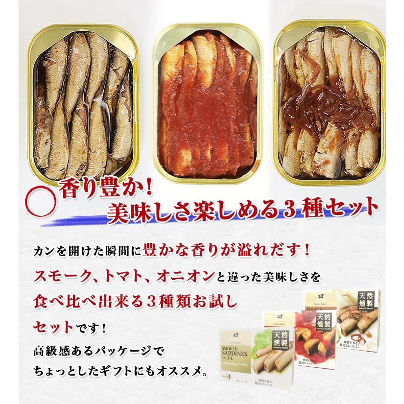 燻製オイルサーディン3種セット 100g×3缶 食べ比べ メール便送料無料 いわし おつまみ グルメ お歳暮 ギフト クーポン